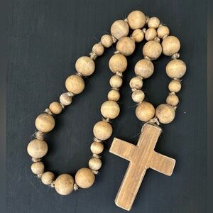 Rustic Wood Bead Garland With Reclaimed Wood Cross Handmade‎ Holiday Decor